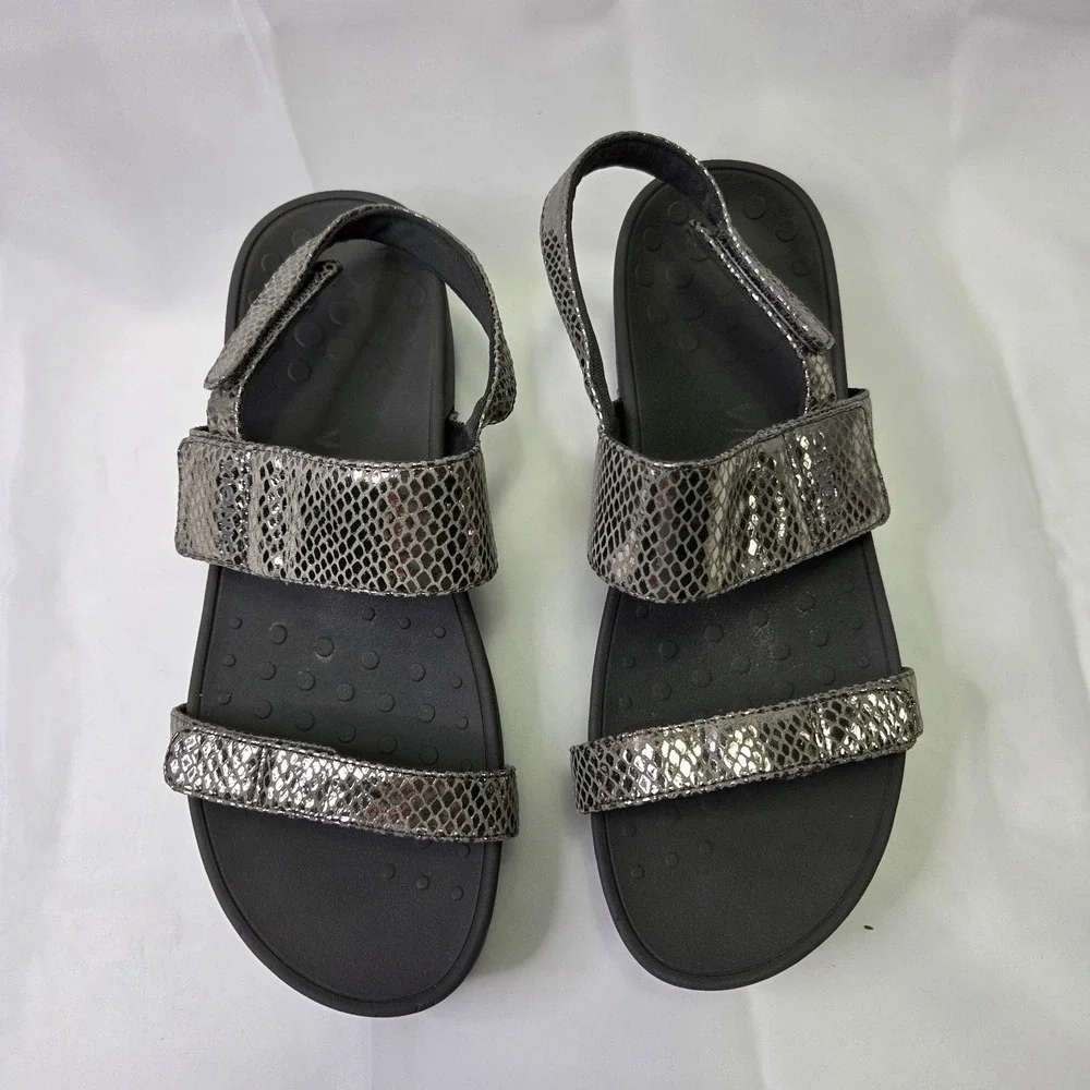Vionic Bolinas Women's Size 9 Block Heel Strappy Sandal Silver Snake Print Comfy